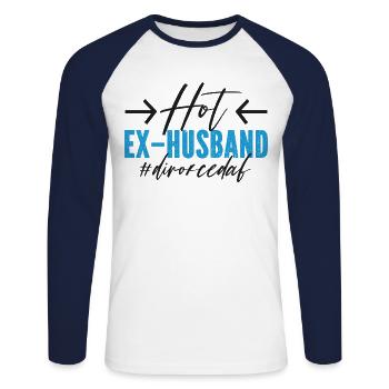 Happy Divorce Party Hot Ex-Husband - Unisex Long Sleeve Baseball T-Shirt - white/navy - Front - Nik (191cm)
