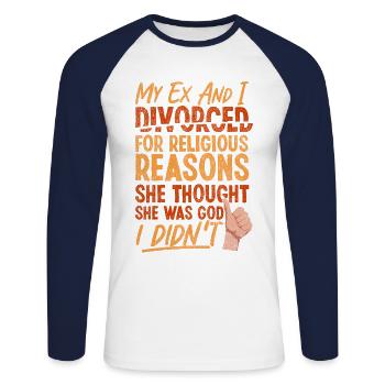 Bonne fête de divorce Mon ex et moi - T-shirt baseball manches longues Homme - blanc/marine - Devant - Nik (191cm)