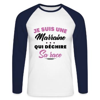 Je suis une marraine qui déchire sa race t-shirt - T-shirt baseball manches longues Homme - blanc/marine - Devant - Nik (191cm)