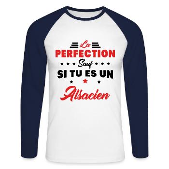 Perfection et Alsace Humour Cadeau Alsacien - T-shirt baseball manches longues Homme - blanc/marine - Devant - Nik (191cm)