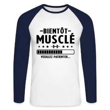Bientot musclé veuillez patienter humour homme - T-shirt baseball manches longues Homme - blanc/marine - Devant - Nik (191cm)