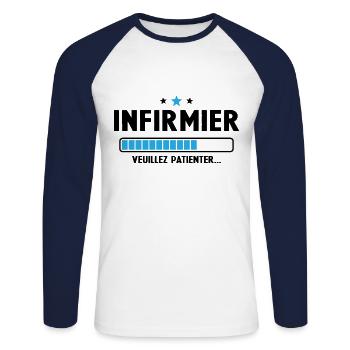 Infirmier veuillez patienter - T-shirt baseball manches longues Homme - blanc/marine - Devant - Nik (191cm)
