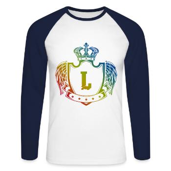 L Letter Coat of arms - Unisex Long Sleeve Baseball T-Shirt - white/navy - Front - Nik (191cm)
