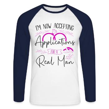 Happy Divorce Party I'm Now - Unisex Baseballshirt langarm - Weiß/Navy - Vorne - Nik (191cm)