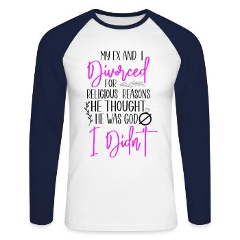 Bonne fête de divorce Mon ex et moi - T-shirt baseball manches longues Homme - blanc/marine - Devant - Nik (191cm)