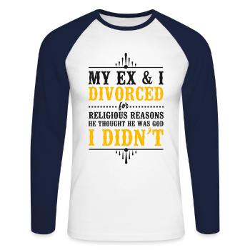 Bonne fête de divorce Mon ex et moi - T-shirt baseball manches longues Homme - blanc/marine - Devant - Nik (191cm)