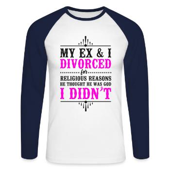 Bonne fête de divorce Mon ex et moi - T-shirt baseball manches longues Homme - blanc/marine - Devant - Nik (191cm)