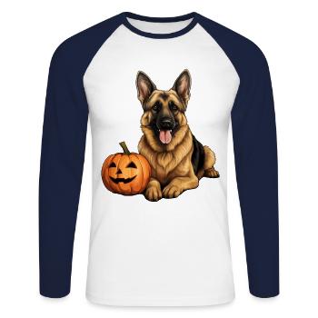 Deutscher Schäferhund-Kürbis, faule - Unisex Baseballshirt langarm - Weiß/Navy - Vorne - Nik (191cm)