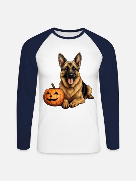 German Shepherd Pumpkin, lazy - Unisex Long Sleeve Baseball T-Shirt - white/navy