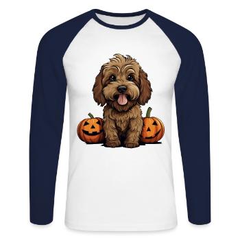 Labradoodle Chien Citrouille Paresseux Halloween - T-shirt baseball manches longues Homme - blanc/marine - Devant - Nik (191cm)