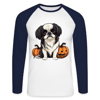 Japanese Chin Dog Pumpkin Lazy Halloween - Unisex Long Sleeve Baseball T-Shirt - white/navy - Front - Nik (191cm)