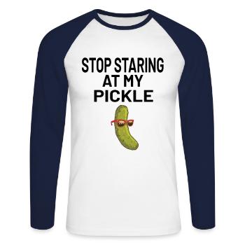 Men Saying Funny Stop Staring At My Pickle - Unisex Long Sleeve Baseball T-Shirt - white/navy - Front - Nik (191cm)