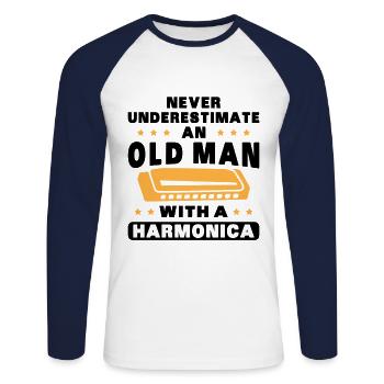 An old man with a harmonica - Unisex Long Sleeve Baseball T-Shirt - white/navy - Front - Nik (191cm)