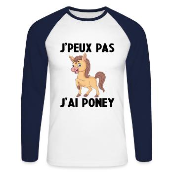 Je Peux Pas J'ai Poney - T-shirt baseball manches longues Homme - blanc/marine - Devant - Nik (191cm)