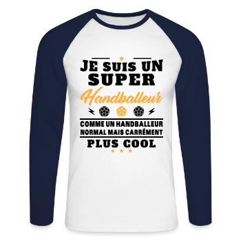 Humour Super Handballeur Humoristique Handball - T-shirt baseball manches longues Homme - blanc/marine - Devant - Nik (191cm)