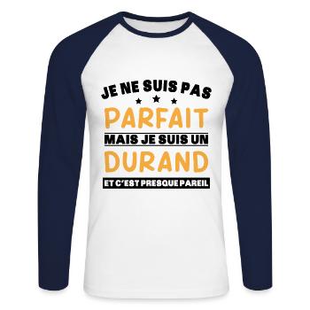 Cadeau humour Durand nom de famille - T-shirt baseball manches longues Homme - blanc/marine - Devant - Nik (191cm)