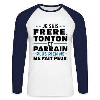 Frère tonton et Parrain - T-shirt baseball manches longues Homme - blanc/marine - Devant - Nik (191cm)
