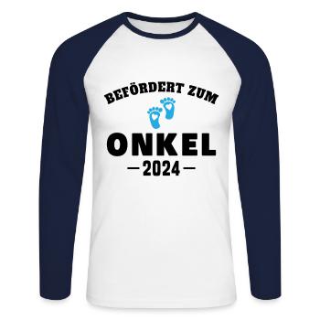 Babyparty Schwangerschaft Befördert zum Onkel 2024 - Unisex Baseballshirt langarm - Weiß/Navy - Vorne - Nik (191cm)