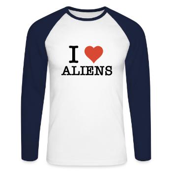 Alien Love UFO I love Aliens - Unisex Baseballshirt langarm - Weiß/Navy - Vorne - Nik (191cm)