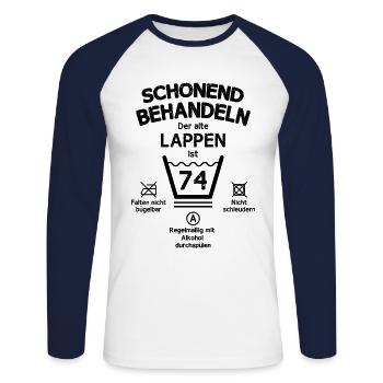 Der Alte Lappen, Schonend Behandeln 74. Geburtstag - Unisex Baseballshirt langarm - Weiß/Navy - Vorne - Nik (191cm)