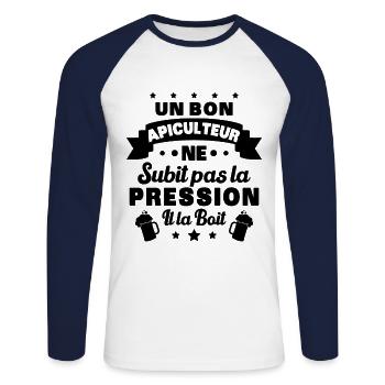 Apiculteur ne subit pas la pression humour Abeille - T-shirt baseball manches longues Homme - blanc/marine - Devant - Nik (191cm)