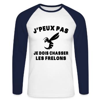Chasseur de frelons Insecte J'peux pas humour - T-shirt baseball manches longues Homme - blanc/marine - Devant - Nik (191cm)