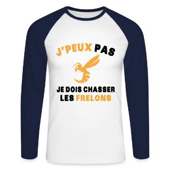 Chasseur de frelons Insecte J'peux pas humour - T-shirt baseball manches longues Homme - blanc/marine - Devant - Nik (191cm)