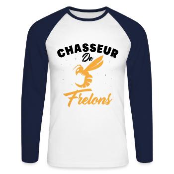 Chasseur de frelon Humour frelon asiatique Drôle - T-shirt baseball manches longues Homme - blanc/marine - Devant - Nik (191cm)