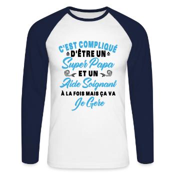 Un super papa et un aide soignant - T-shirt baseball manches longues Homme - blanc/marine - Devant - Nik (191cm)