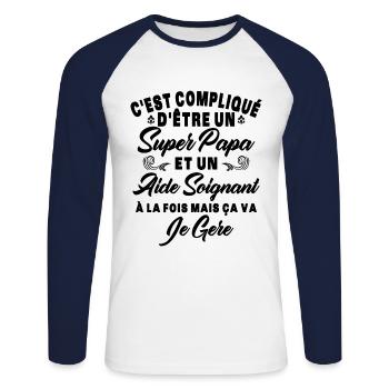 Un super papa et un aide soignant - T-shirt baseball manches longues Homme - blanc/marine - Devant - Nik (191cm)