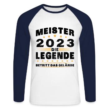 Meister 2023 Die Legende Betritt Das Gelände - Unisex Baseballshirt langarm - Weiß/Navy - Vorne - Nik (191cm)