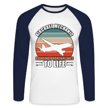 Technicien d’aéronefs - T-shirt baseball manches longues Homme - blanc/marine - Devant - Nik (191cm)
