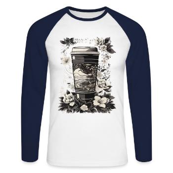 Ukiyo-E style coffee and cherry blossom retro design - Unisex Long Sleeve Baseball T-Shirt - white/navy - Front - Nik (191cm)