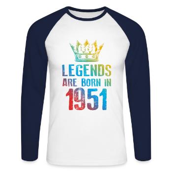 1951 Legends Born In - Unisex Long Sleeve Baseball T-Shirt - white/navy - Front - Nik (191cm)