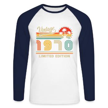 Vintage 1970 Cadeau D'anniversaire - T-shirt baseball manches longues Homme - blanc/marine - Devant - Nik (191cm)