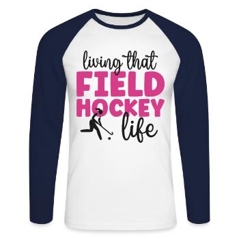 Field Hockey Living That Field - Unisex Long Sleeve Baseball T-Shirt - white/navy - Front - Nik (191cm)