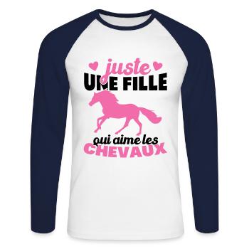 Juste une fille qui aime les chevaux humour - T-shirt baseball manches longues Homme - blanc/marine - Devant - Nik (191cm)