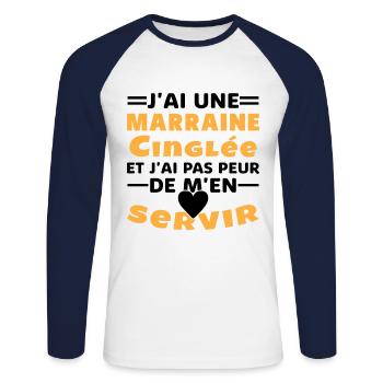 J'ai une marraine cinglée et je peux m'en servir - T-shirt baseball manches longues Homme - blanc/marine - Devant - Nik (191cm)