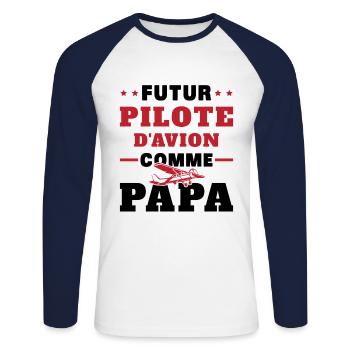 Futur Pilote d'avion comme Papa - T-shirt baseball manches longues Homme - blanc/marine - Devant - Nik (191cm)
