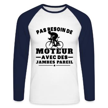 Humour cycliste, pas besoin de moteur - T-shirt baseball manches longues Homme - blanc/marine - Devant - Nik (191cm)