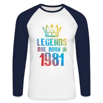 1981 Legends Born in - Unisex Long Sleeve Baseball T-Shirt - white/navy - Front - Nik (191cm)