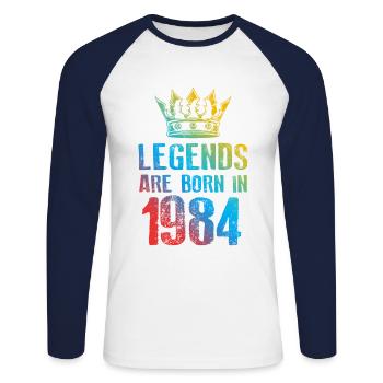 1984 Legends Born in - Unisex Long Sleeve Baseball T-Shirt - white/navy - Front - Nik (191cm)