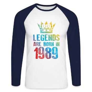 1989 Legends Born in - Unisex Long Sleeve Baseball T-Shirt - white/navy - Front - Nik (191cm)