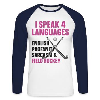 Hockey sur gazon Je parle 4 langues - T-shirt baseball manches longues Homme - blanc/marine - Devant - Nik (191cm)