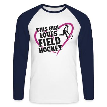 Hockey sur gazon Cette fille aime le terrain - T-shirt baseball manches longues Homme - blanc/marine - Devant - Nik (191cm)