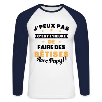 Humour enfant Je peux pas j'ai bêtises avec papy - T-shirt baseball manches longues Homme - blanc/marine - Devant - Nik (191cm)