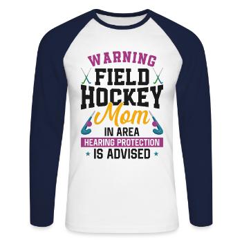 Field Hockey Mom Warning Field - Unisex Baseballshirt langarm - Weiß/Navy - Vorne - Nik (191cm)