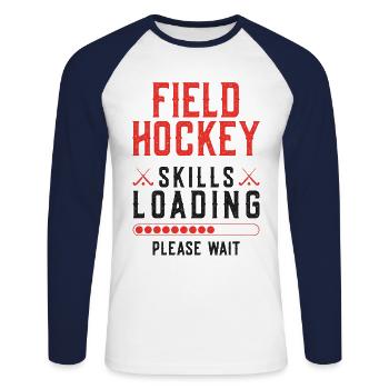 Field Hockey Field Hockey Skills - Unisex Baseballshirt langarm - Weiß/Navy - Vorne - Nik (191cm)