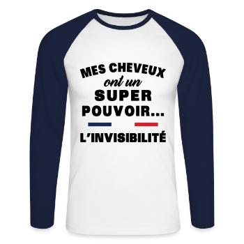 mes cheveux homme humour cheveux super pouvoir - T-shirt baseball manches longues Homme - blanc/marine - Devant - Nik (191cm)