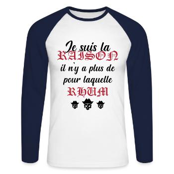 Cadeau Humour Pirates Rhum - T-shirt baseball manches longues Homme - blanc/marine - Devant - Nik (191cm)